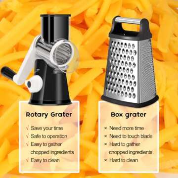 Ourokhome Rotary Cheese Grater Hand Crank, Kitchen Shredder Speed Mandolin Slicer Nuts Grinder with Handle and Drum Blades for Cheese, Vegetable, Walnut, Chocolate, Potato, Carrot, 3 Blades, Black