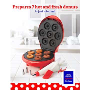 BETTY CROCKER Donut Maker, Mini Donut Maker with Nonstick Surface, Mini Donut Maker Machine with Cool Touch Handle & Makes 7 Delicious Fresh Donuts in Minutes, Red