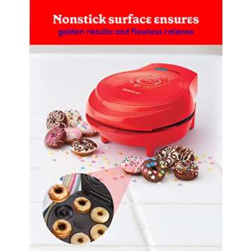 BETTY CROCKER Donut Maker, Mini Donut Maker with Nonstick Surface, Mini Donut Maker Machine with Cool Touch Handle & Makes 7 Delicious Fresh Donuts in Minutes, Red