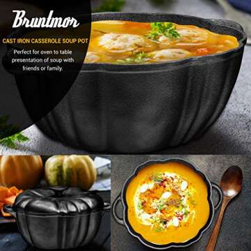 Bruntmor Pre Seasoned Cast Iron Pumpkin Soup Pot With Cast Iron Lid and Knob On Top |4 Qaurt Cast Iron Casserole Soup Top|Dutch Oven Crockpot |Perfect Casserole For Oven-to-Table Presentations