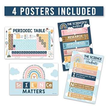 Hadley Designs 4 Boho Science Posters For Classroom Middle School Science Bulletin Board Sets For Classroom - Science Posters For Middle School Classroom Decor, Poster Periodic Table Poster Large