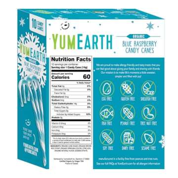 YumEarth Organic Candy Canes - Individually Wrapped Full Size Blue Raspberry Candy Canes - Dye Free, Allergy Friendly, Non GMO, Gluten Free, Vegan - 10 Count (Pack of 1)