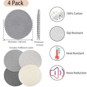 7" Trivets for Hot Dishes, 4 Heat Resistant Hot Pads, Hot Plate Mats for Kitchen Countertops, Table