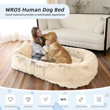 Human Dog Bed, 71''x45''x12'' Size Fits You and Pets, Washable Faux Fur Dog Bed for People Doze Off, Napping Orthopedic Dog Bed, Present Plump Pillow, Blanket, Strap - Beige