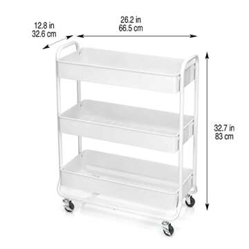 Hudson White 3-Tier Metal Rolling Cart by Simply Tidy - Multi-Functional Storage Cart for Home, Office, and Kitchen - 1 Pack