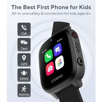 JrTrack 4 Kids Smart Watch by Cosmo | Phone Watch & GPS Tracker | Enhanced Parental Controls | Call, Text, Activity, School Lock | Kids Music | SIM Card Included | SOS & Safety Alerts | (Black)