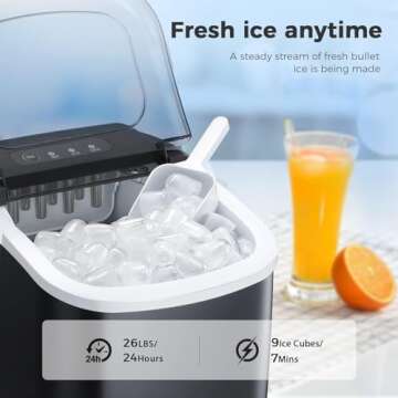 Kismile Ice Makers Countertop,Portable Ice Maker Machine with Handle,26Lbs/24H,9 Bullet Ice Ready in 7 Mins,Self-Cleaning Ice Maker with Ice Scoop and Basket for Home Office Kitchen (Black)