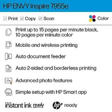 HP ENVY Inspire 7955e Wireless Color Inkjet Printer, Print, scan, copy, Easy setup, Mobile printing, Best-for home, Instant Ink with HP+,White