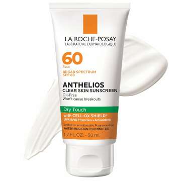 La Roche-Posay Anthelios Clear Skin Sunscreen Dry Touch SPF 60 | Oil Free Sunscreen For Face | Oil Absorbing | Broad Spectrum SPF + Antioxidants | Non-Greasy | Oxybenzone Free | Travel Size Sunscreen