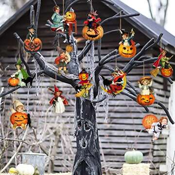 42Pcs Vintage Halloween Tree Ornament Decorations - Hanging Wooden Pumpkin Ornaments for Halloween Tree Decor Vintage Pumpkin Witch Black Cat Wood Cutouts Signs for Halloween Tree Home Party Decor