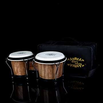 Glory Bongo Drums 6” and 7” Wood Percussion Instrument Bongos with bag and tuning Key,Dark Natural