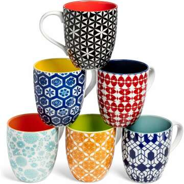 Annovero Coffee Mugs, Set of 6 Modern Colorful Cute Porcelain Mugs/Cups with Large Handle, Great for Tea, Cocoa or Hot Chocolate, 16 Fluid Ounce Capacity