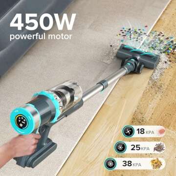 Belife BVC11 Cordless Vacuum Cleaner, 450W 38Kpa Stick Vacuum with 50 mins runtime, 13000RPM Burshless Motor, Powerful Vacuum Cleaners for Home Hardwood Floor pet Hair Carpet