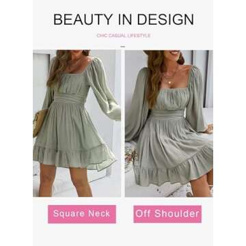 Dokotoo Square Neck Summer Dress for Women 2024 Tie Back Elastic Waist Lantern Long Sleeve Dress Ruffle A-Line Grey Dress Casual Sexy Mini Dress Small Grey