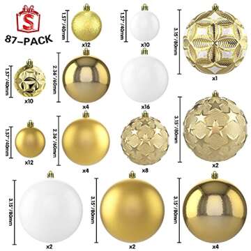 ISULIFE 87ct Christmas Ball Ornaments Set Shatterproof Seasonal Hanging Decorations with Reusable Hand-held Gift Package for Xmas Tree Holiday Party and Home Decor, Gold