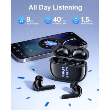 HUIFU Wireless Earbuds Bluetooth Ear Buds - 40H Playtime Stereo Bluetooth Headphones LED Display IPX7 Waterproof in-Ear Earphones with Mic Compatible with iPhone Android Phone, Black