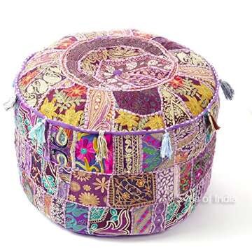 Eyes of India - Embroidered Patchwork Round Ottoman Pouf Pouffe Cover Floor Seating Boho Chic Bohemian Accent Indian Handmade (Purple, 22 x 12 Inch)