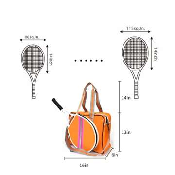 Tennis Tote Bag, Tennis Racket Shoulder Bag for racquet with a head size between 80 and 100 sq. inches, Large Pickleball Tote Bag with Zipper & Shoulder Strap for Badminton Racquet, Sport Tote for