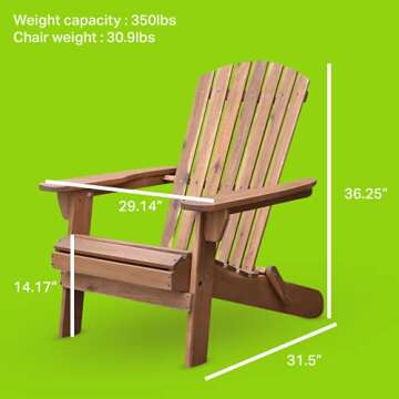 Plant Theatre Wooden Adirondack Chair - Weather Resistant, Acacia Wood, Foldable Fire Pit Chairs for Porch, Deck, Lawn and Campfire - Outdoor Patio Furniture