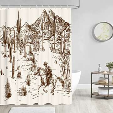 Western Cowboy Shower Curtain, Cactus Shower Curtain, Farmhouse Country Shower Curtain for Bathroom American West Cowboy Riding Horse in Desert, Waterproof Fabric with 12PCS Hooks, 72" W X 72" L