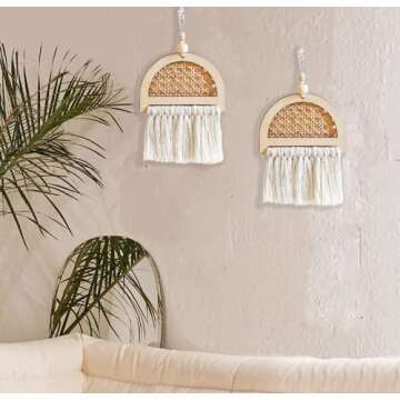 1Pcs Macrame Wall Hanging Woven Bamboo Mini Macrame Wall Decor, Bohemian Wooden Woven Tassels, Boho Macrame Wall Hanging for Apartment Bedroom Living Room Dorm Nursery Room- Christmas Holiday 7.9" H