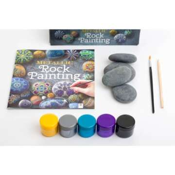 Metallic Rock Painting Box Set - DIY Rock Painting for Adults - Rocks, Brush, Paint Included - Mandala Stone Artist - Create Rock Artwork at Home - Arts and Craft for Adults - Adult Hobbies