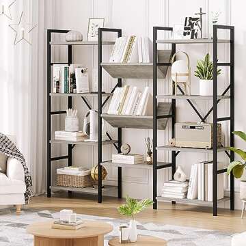 Amyove 4 Tier Bookshelf, Industrial Bookcase and Short Bookshelf with Storage, Open Large Metal Frame Display Shelves for Living Room, Bedroom, Home Office-Grey