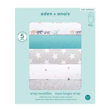 aden + anais, Cotton Knit Baby Wrap, Newborn Wearable Swaddle Blanket, 5 Pack, Starlit, 0-3 Months