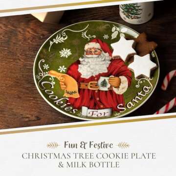 Spode Christmas Tree Plate and Bottle Set (2-Piece) - 8.5" Porcelain Cookies for Santa Plate & 10 Oz Holiday-Themed Jug, Dishwasher Safe Festive Collectible Seasonal Gift Set