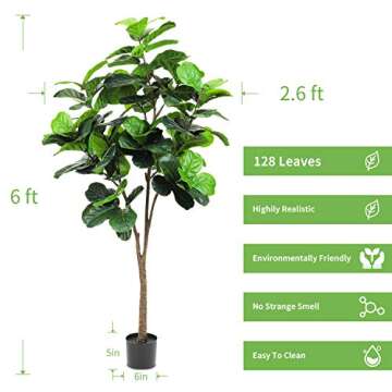 Realead 6ft Artificial Plant Fiddle Leaf Fig Tree Fake Tree in Pot Natural Faux Tree with 128 Leaves Ficus Lyrata Greenery Plant Indoor Outdoor Decor for House Home Office Perfect Housewarming Gift