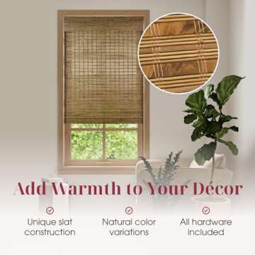 ARLO BLINDS Sheer Bamboo Roman Shades with Valance - Dali Native, 34" W x 60" H - Light Filtering Cordless Blinds for Interior Windows - Real Natural Bamboo Material - Mounting Hardware Included