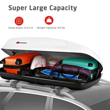 Goplus Rooftop Cargo Carrier Hard Shell, 14 Cubic Feet Waterproof Car Roof Cargo Carrier w/Dual Side Opening, Security Key, 165LBS Capacity, for 17” to 22.8” Wide Crossbar Rack, Vehicle Cargo Box