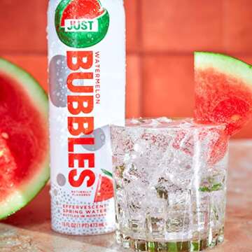 JUST Bubbles Watermelon - Pure Premium Sparkling Spring Water in a Fully Recyclable Reusable Eco-Friendly Bottle - 100% Mountain-Sourced Carbonated Water with Naturally Occurring Minerals, 16 Fl Oz