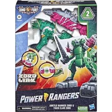 Power Rangers Dino Fury Pink Ankylo Hammer and Green Tiger Claw Zord Toys for Kids Ages 4 and Up Zord Link Mix-and-Match Custom Build System