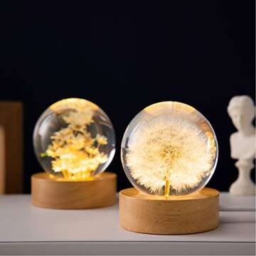 Flower Crystal Ball Night Light with Wooden Base