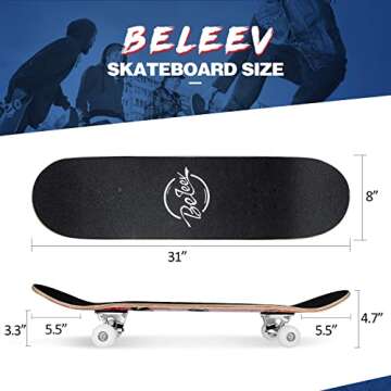 BELEEV Skateboards for Beginners, 31 Inch Complete Skateboard for Kids Teens Adults, 7 Layer Canadian Maple Double Kick Deck Concave Cruiser Trick Skateboard (Panda)