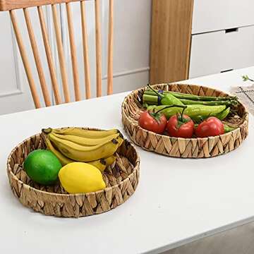 Cedilis Set of 3 Grass Round Fruit Tray, Hand Woven Decorative Storage Basket Tray for Decor Home Kitchen, 11.8'', 10'', 7.8''