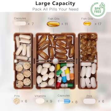 FYY Daily Pill Organizer, 7 Compartments Portable Travel Pill Case, [Folding Design] for Purse Pocket to Hold Vitamins,Cod Liver Oil,Supplements and Medication-Brown