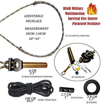 BSGB Fire Starter Paracord Necklace EDC Military Survival Gear Tinder Cord Fire Steel and Striker Kit Magnesium Ferro Rod Tool Fishing Tools for Emergency Outdoor Hiking Camping Hunting