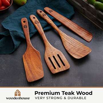 Set of 4 Natural Teak Wooden Cooking Utensils - Nonstick