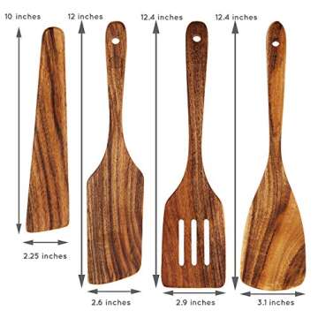 Wooden Spatula for Cooking, Kitchen Set of 4, Natural Teak Wooden Utensils including Paddle, Turner Spatula, Slotted Spatula and Wood Scraper. Nonstick cookware.