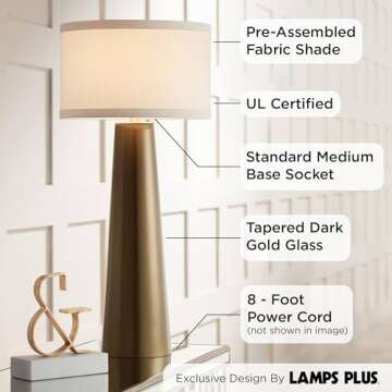 Possini Euro Design Karen Modern Table Lamp 36" Tall Dark Gold Tapered Glass Column Off White Fabric Drum Shade Decor for Living Room Bedroom House Bedside Nightstand Home Office Entryway Family