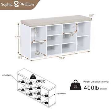 Sophia & William Shoe Bench with Cushion and 8 Compartments, Entryway Storage Bench Freestanding Shoe Cabinet Rack with Adjustable Shelves, Total Load Capacity: 400 lbs (Top 200 lbs), White