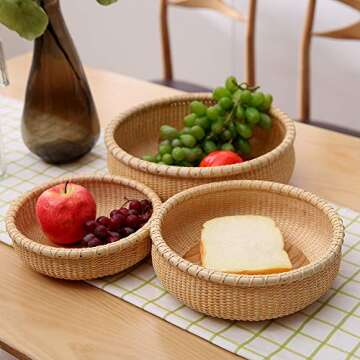 Teng Tian Open Round Nantucket Basket Fruit Basket Desktop Organizer Bread Basket staves and fine caneweaving