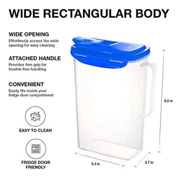 LocknLock Aqua Fridge Door Water Jug with Handle BPA Free Plastic Pitcher with Flip Top Lid Perfect for Making Teas and Juices, 2 QT, Blue (Pack of 5)