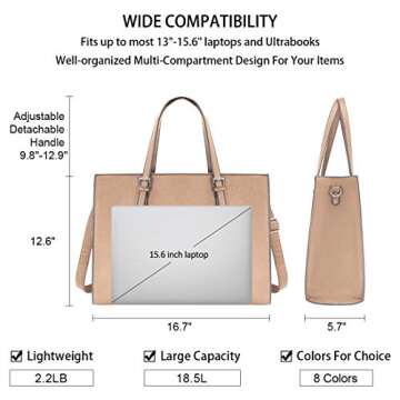 Laptop Bag for Women Waterproof Lightweight Leather 15.6 Inch Computer Tote Bag Business Office Briefcase Large Capacity Handbag Shoulder Bag Professional Office Work Bag Khaki