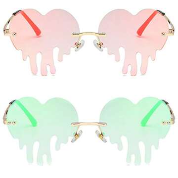 Fashion Unique Love Heart Tear Shape Sunglasses Women Colorful Rimless Eyewear Vintage Clear Ocean Lens Female Sun Glasses (pink film&green film)