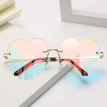 Fashion Unique Love Heart Tear Shape Sunglasses Women Colorful Rimless Eyewear Vintage Clear Ocean Lens Female Sun Glasses (pink film&green film)