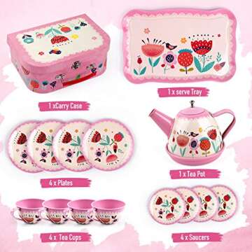 D-FantiX Kids Tea Set for Little Girls, 15Pcs Pink Tin Tea Party Set for Toddlers Afternoon Tea Time Playset with Metal Teapots Tea Cups Play Dishes Princess Toys Gifts with Carry Case