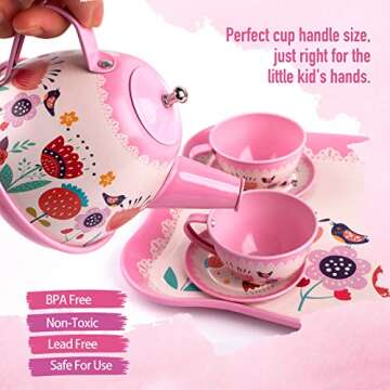 D-FantiX Kids Tea Set for Little Girls, 15Pcs Pink Tin Tea Party Set for Toddlers Afternoon Tea Time Playset with Metal Teapots Tea Cups Play Dishes Princess Toys Gifts with Carry Case